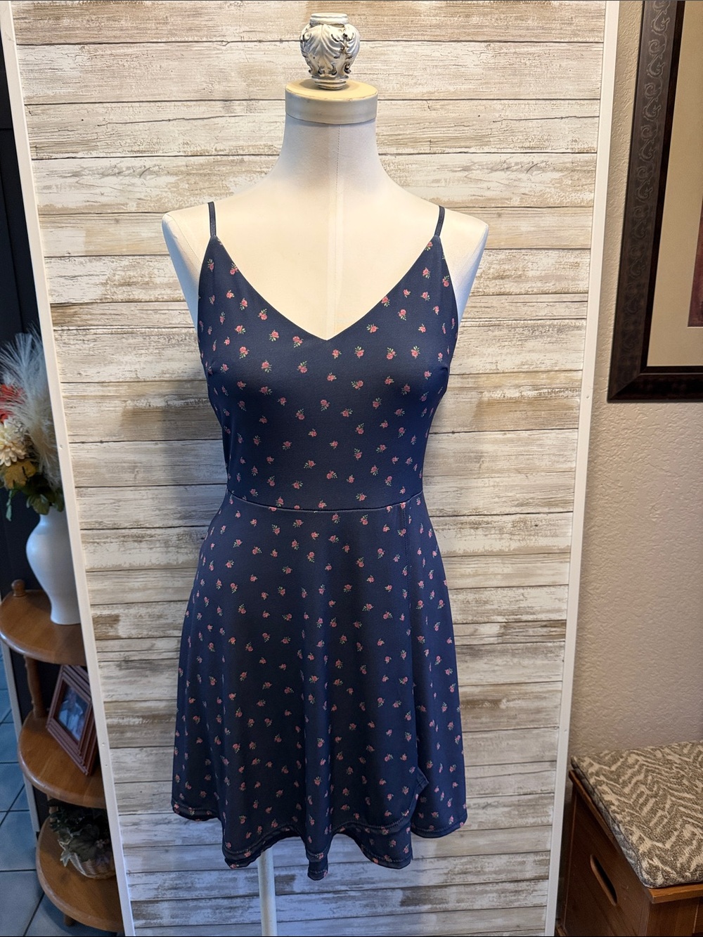 Navy Floral Spaghetti-Strap Mini Dress